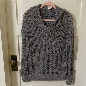 NEW POL Gray Open-Knit V-Neck Hoodie Sweater